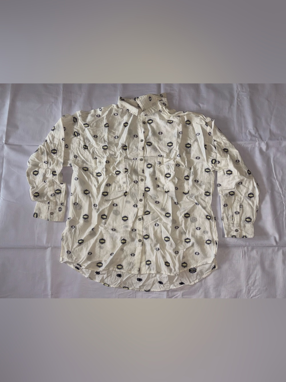LOFT Cream Button-Up Shirt with Black Floral Motif